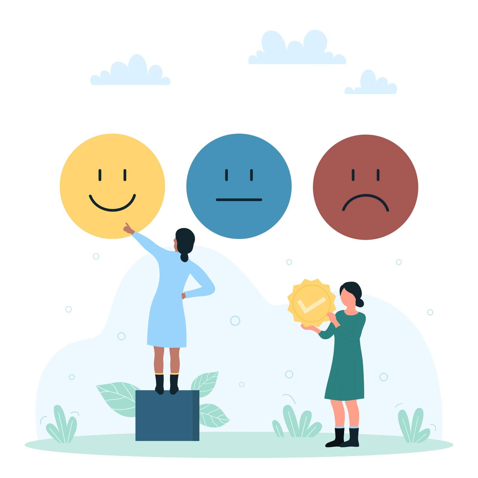 Customers survey with emoji on satisfaction of experience vector illustration. Cartoon tiny people choose happy face emoticon in electronic form, woman client holding checkmark. Feedback concept