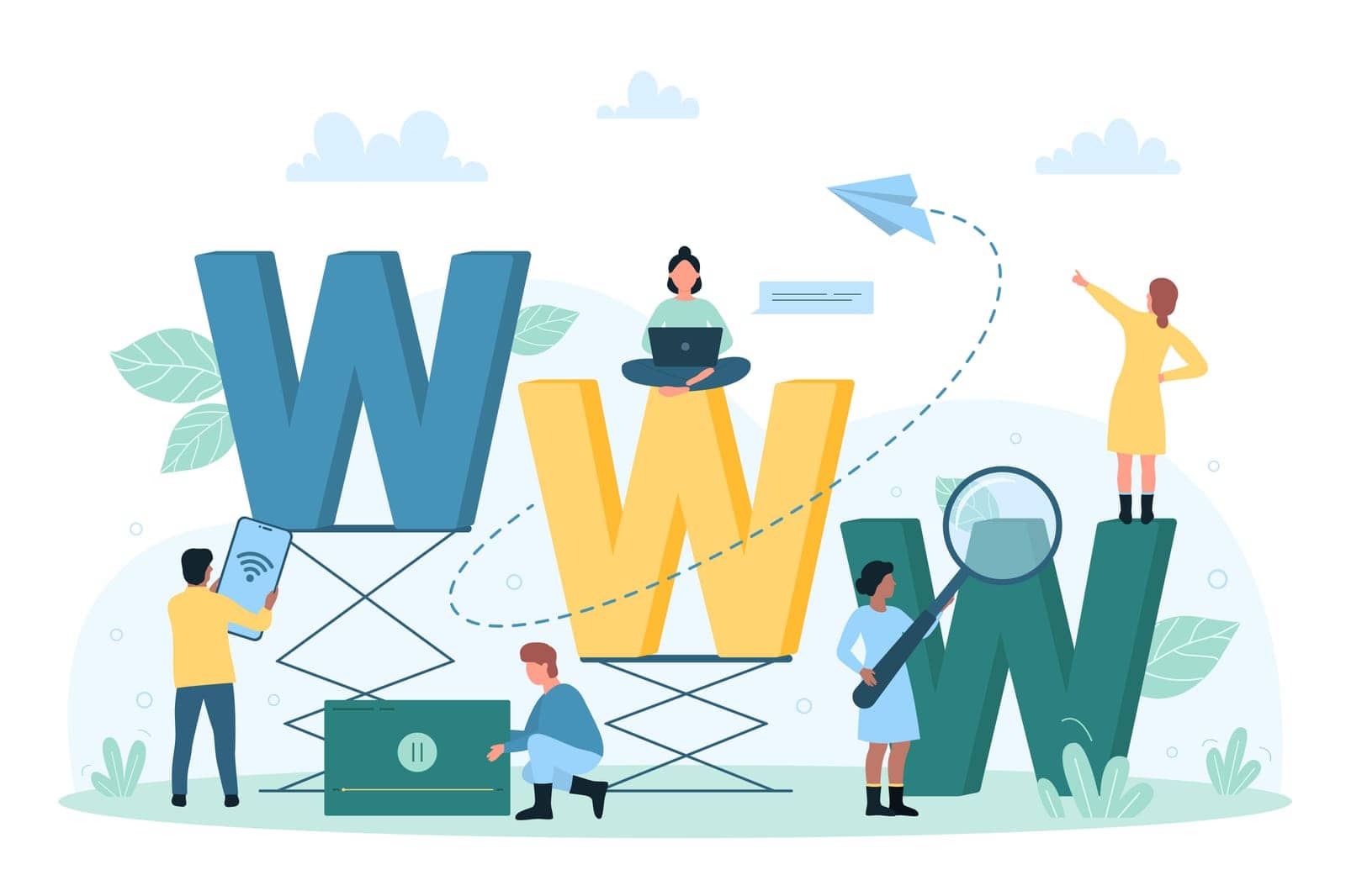 Information search in web or www browsing vector illustration. Cartoon tiny people look through magnifying glass at WWW lettering, using mobile phone, laptop to find and browse network address