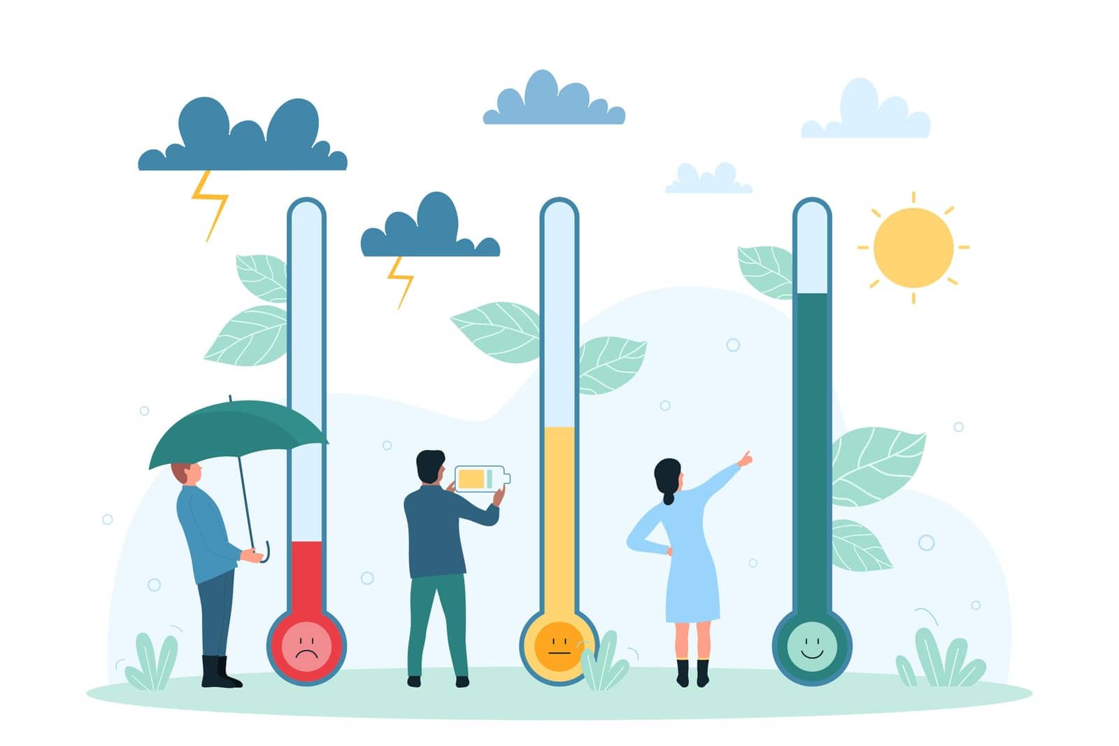 Assessment of stress levels with thermometer vector illustration. Cartoon tiny people rating mood on red, yellow and green color, umbrella and battery to control feelings, gauge burnout and anxiety
