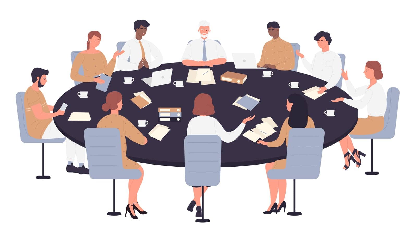 Work meeting, business negotiation, conference, group discussion. Politicians, directors or corporate leaders people negotiate, sitting round table discussing ideas vector illustration.