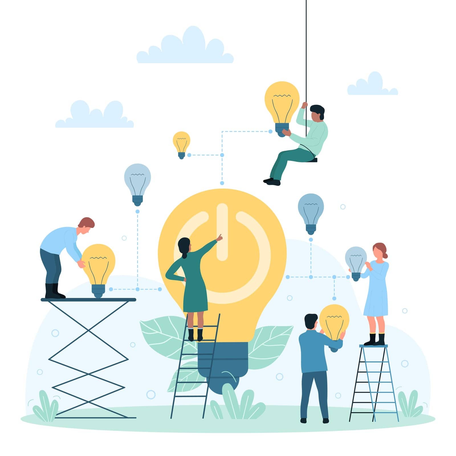 Environmental conservation and green technology to save energy and electricity vector illustration. Cartoon tiny people pressing power button inside light bulb, employees holding bright lamps