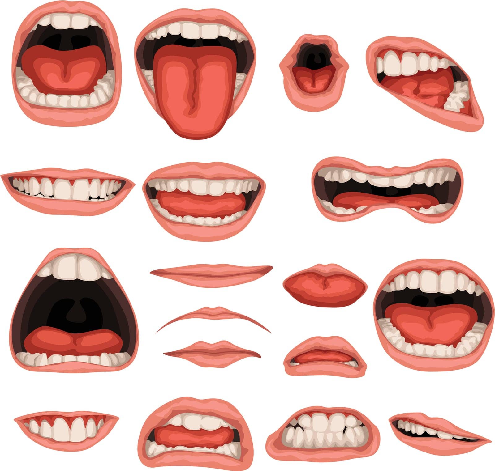 illustration of realistic male mouth set in various poses isolated on white background