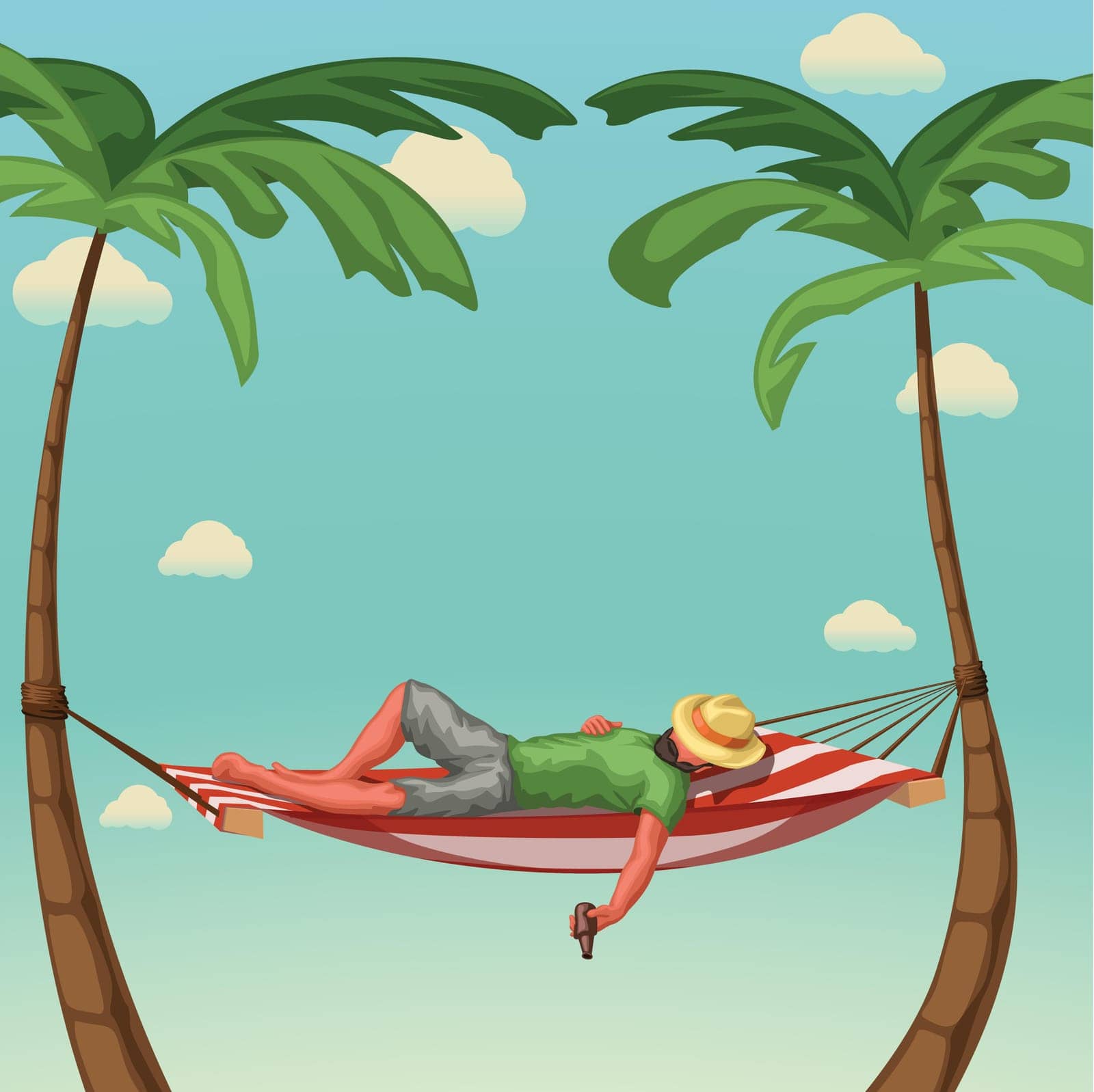 illustration of man in hammock with hat holding a bottle on colorful beach