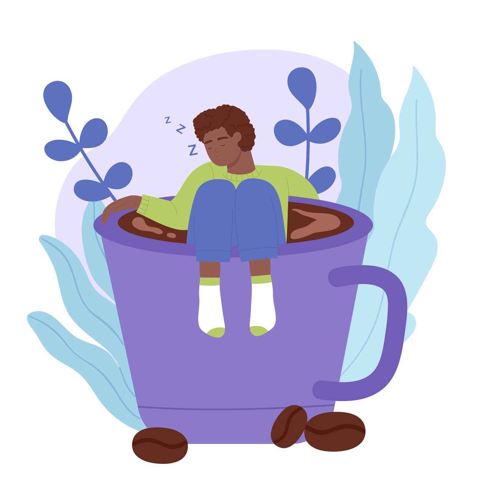Morning coffee cups with sleepy tired man vector illustration. Cartoon isolated big mugs with lazy and exhausted male tiny character without energy in need rest and sleep