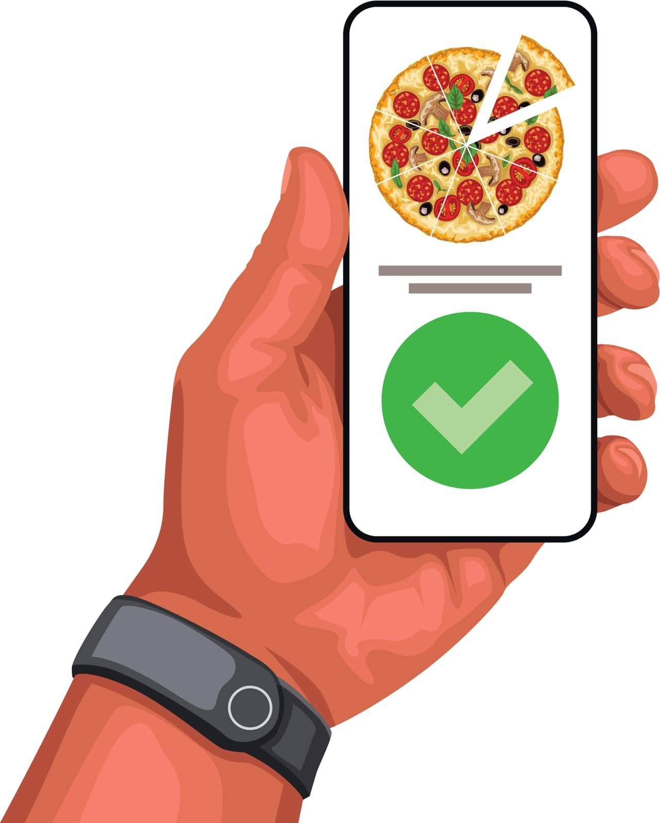 illustration of hand holding smartphone and success sign on screen with pizza
