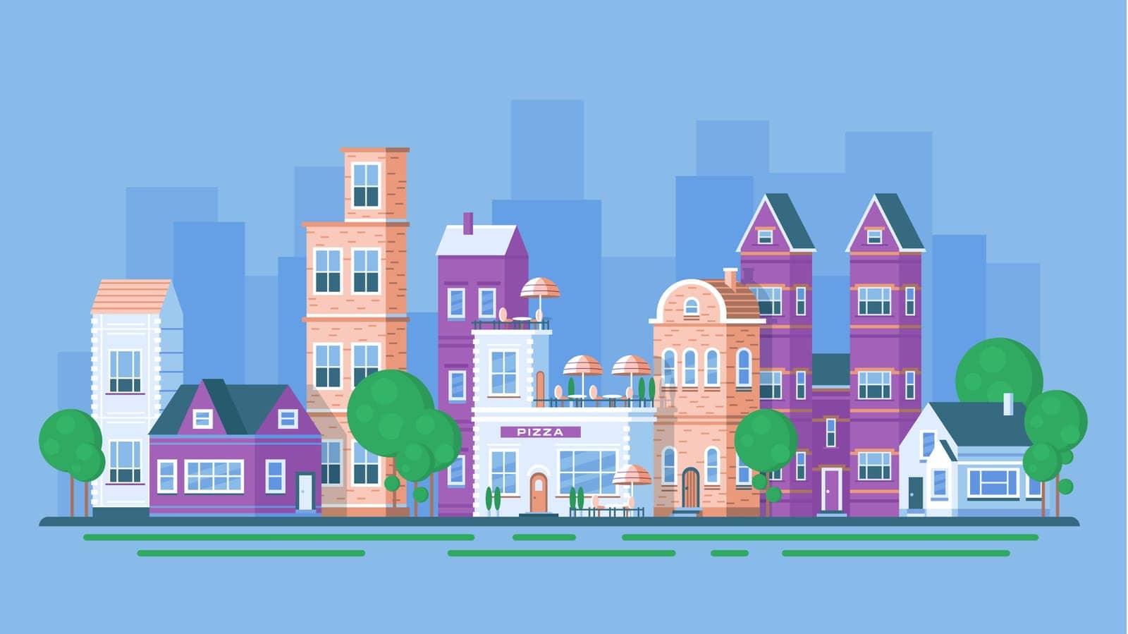 City landscape vector illustration. Cartoon cityscape with many buildings on street of town and trees on sidewalk, storefront of cafe, condominium with home apartment, skyline with office skyscrapers