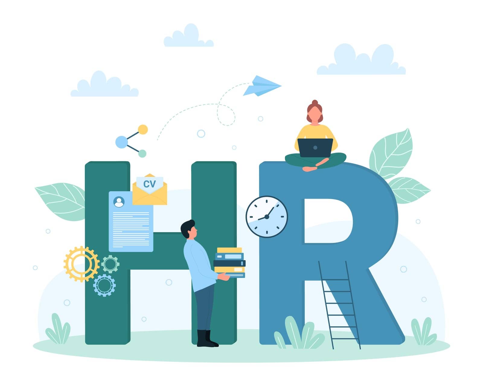HR vector illustration. Cartoon tiny people search and choose best talent professional employee, work with CV documents, personnel resume and laptop near HR word, human resources management
