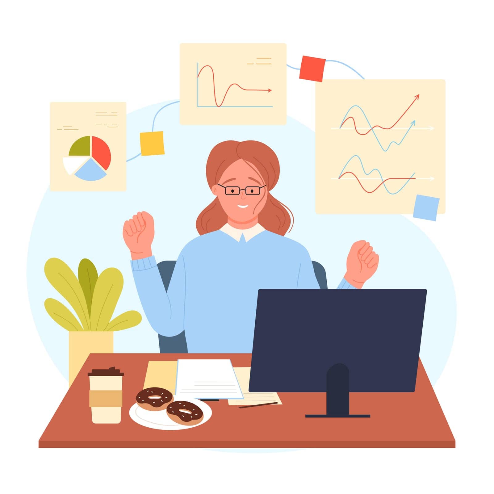 Success achievement of happy female employee vector illustration. Cartoon young woman working at office table with computer, financial chart presentation and statistics graph with growing arrows