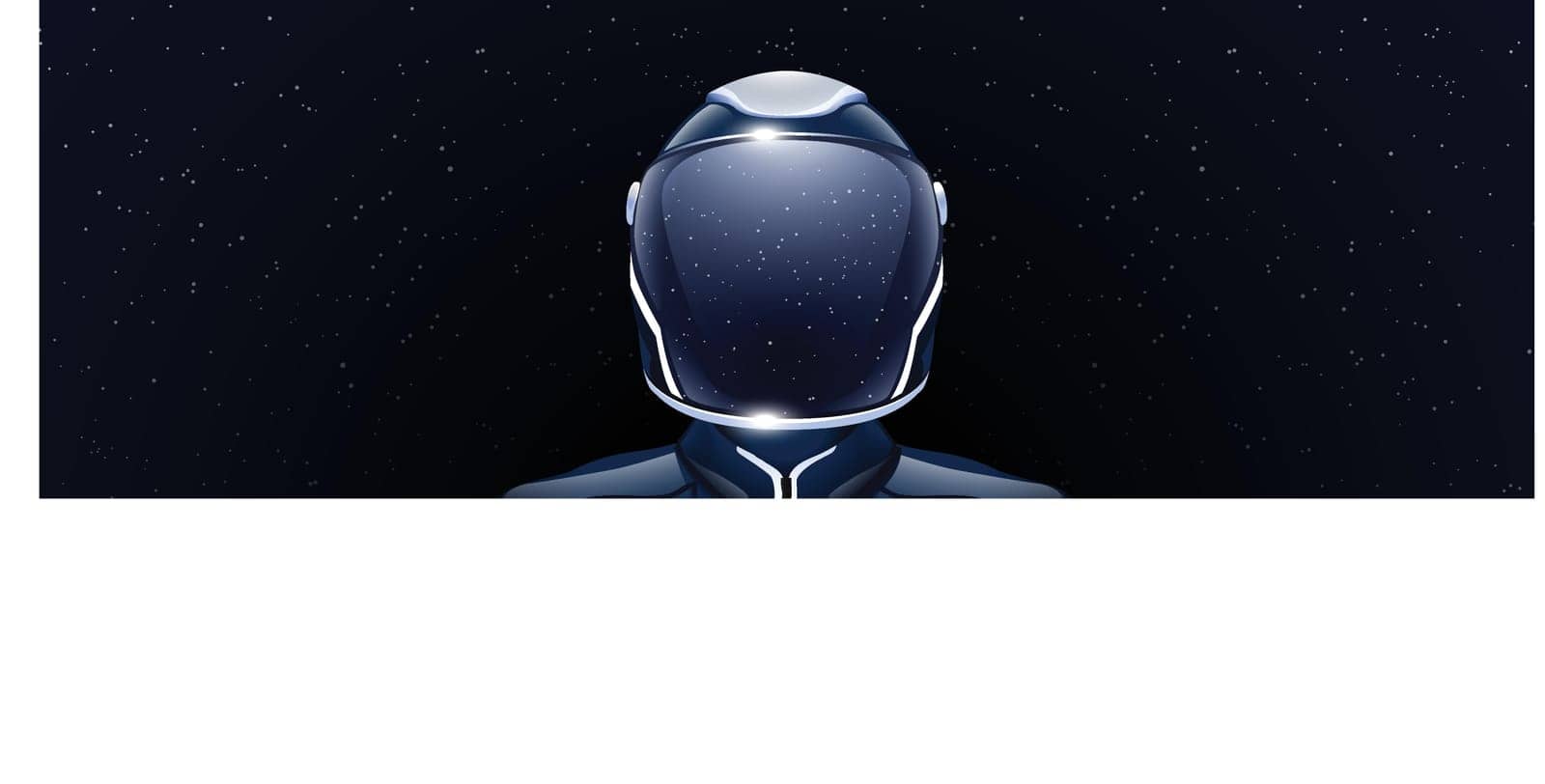 wide illustration of futuristic space man with reflected stars on helmet on stellar space