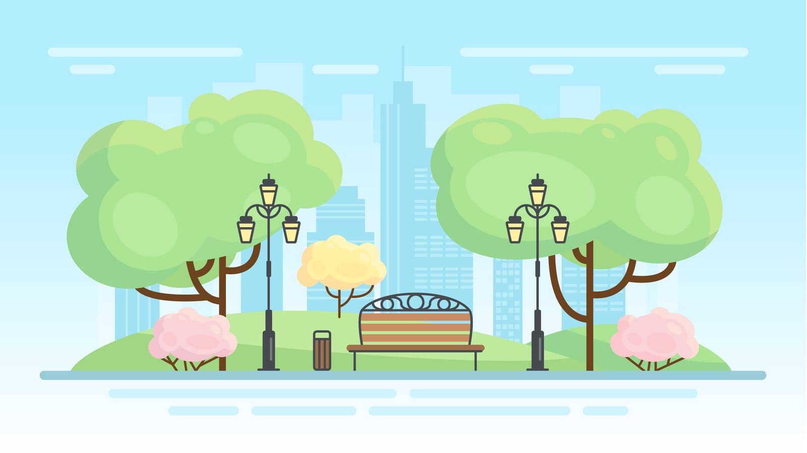 City park landscape in spring vector illustration. Cartoon sunny cityscape scene with downtown public garden for recreation, wood bench and streetlight under green trees, skyline with skyscrapers