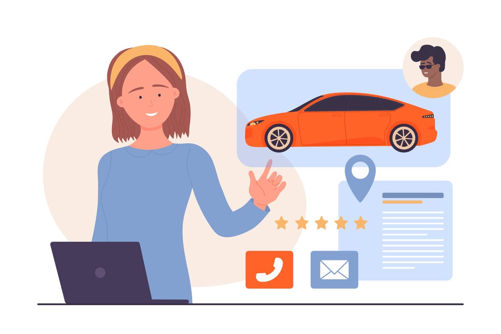 Buy car online vector illustration. Cartoon consumer touching automobile hologram in showroom of digital automotive shop, woman rating owners of new or used car with interactive mobile service