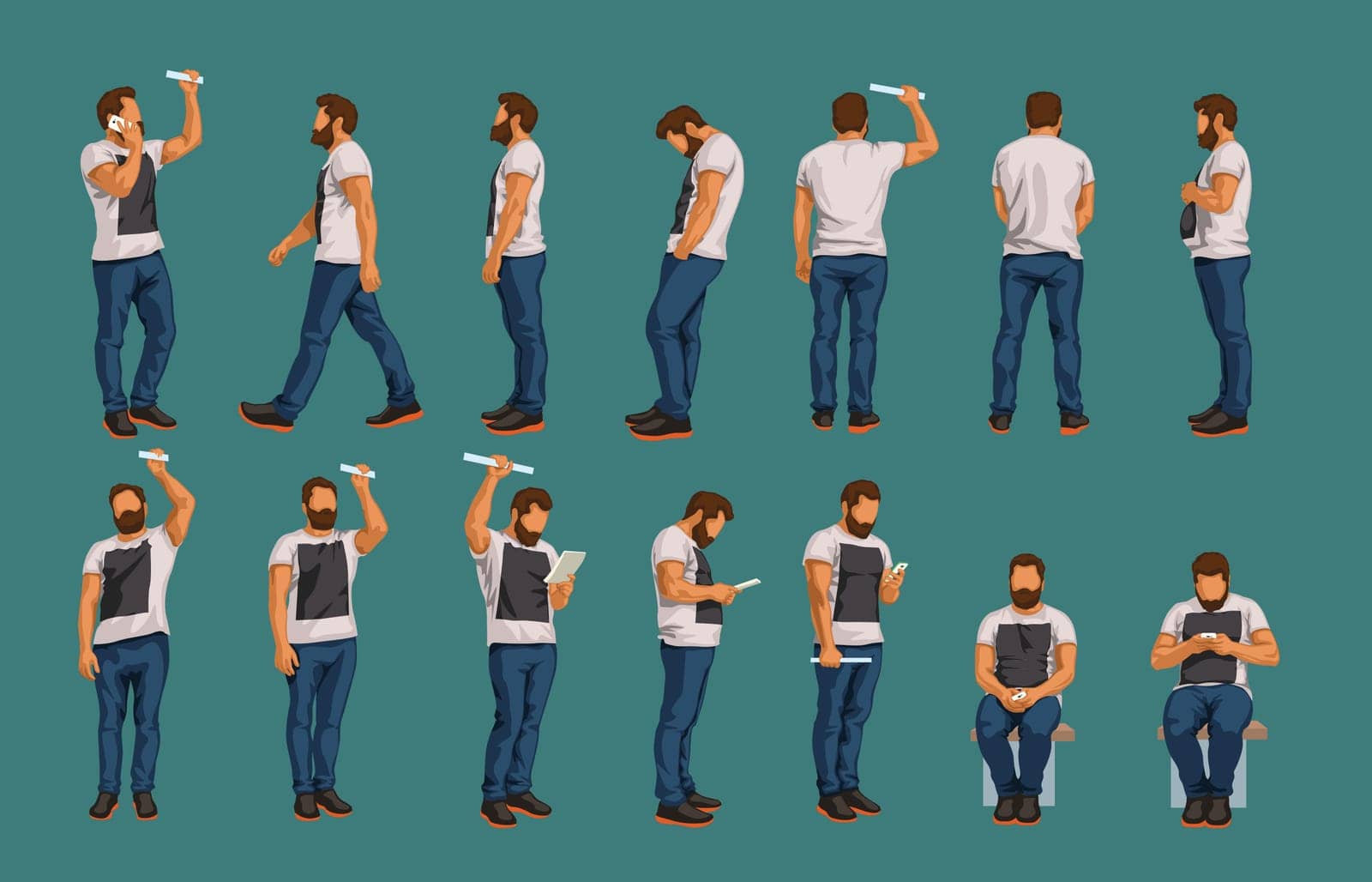 illustration of detailed set of man in different poses isolated on blue background