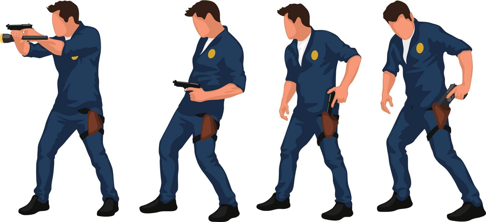 illustraion of policeman colored set in different poses on white background