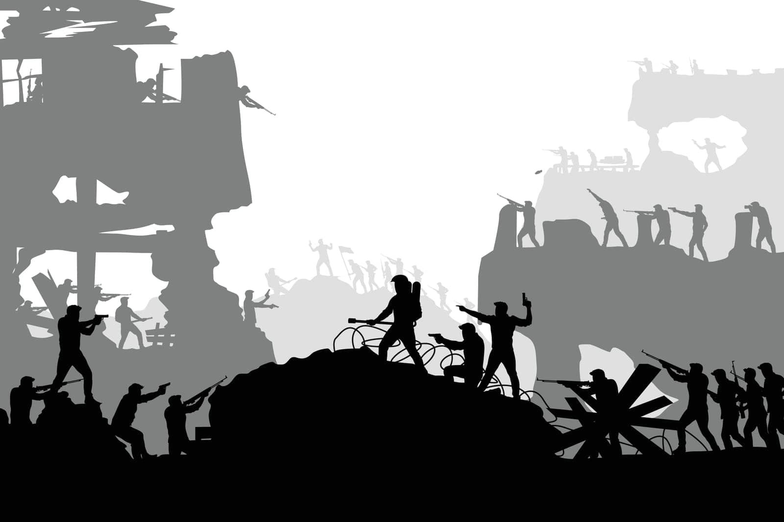 illustration of two army in the middle of battle silhouette