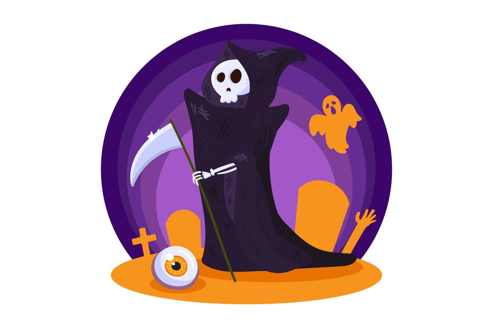 Death character for Halloween party night decoration. Template design element with Halloween symbol for card, invitation or background. Flat vector illustration