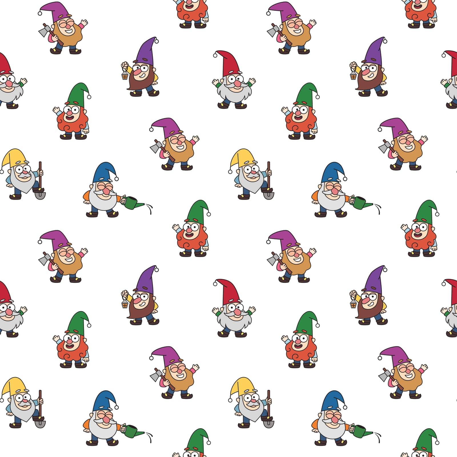 Garden gnomes seamless pattern. Cheerful little garden gnomes, dwarfs, gardeners fabric print in cartoon style. Colorful vector fairytale kids illustration, drawing.