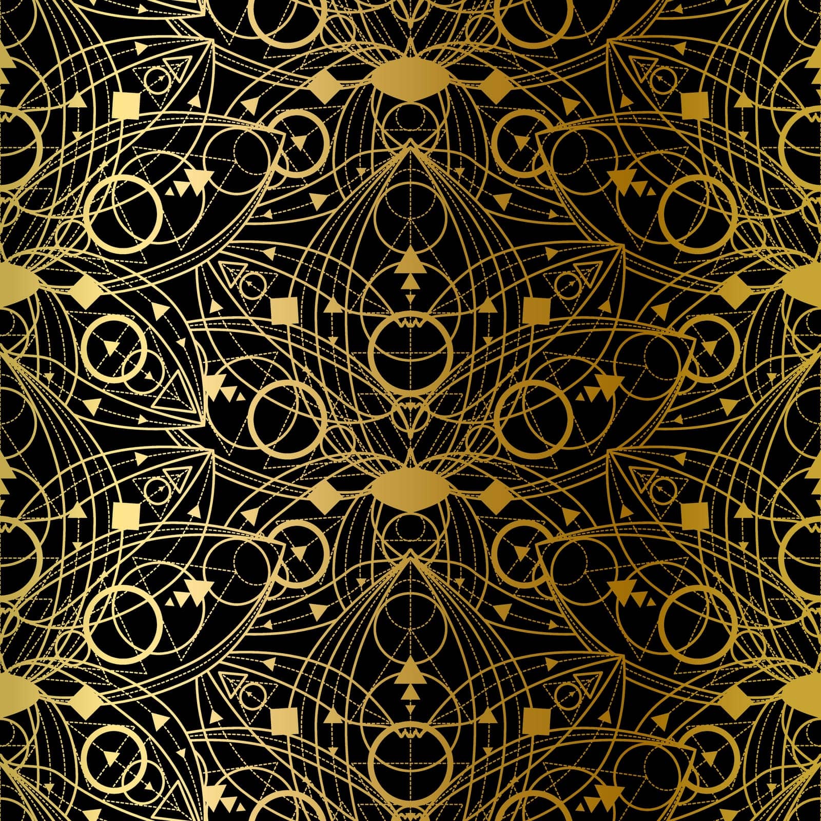 Abstract Seamless Pattern with Golden Print on Black Background. Gilding Geometrical Ornament, Template Fashion Textile Luxury Decoration in Vintage Style