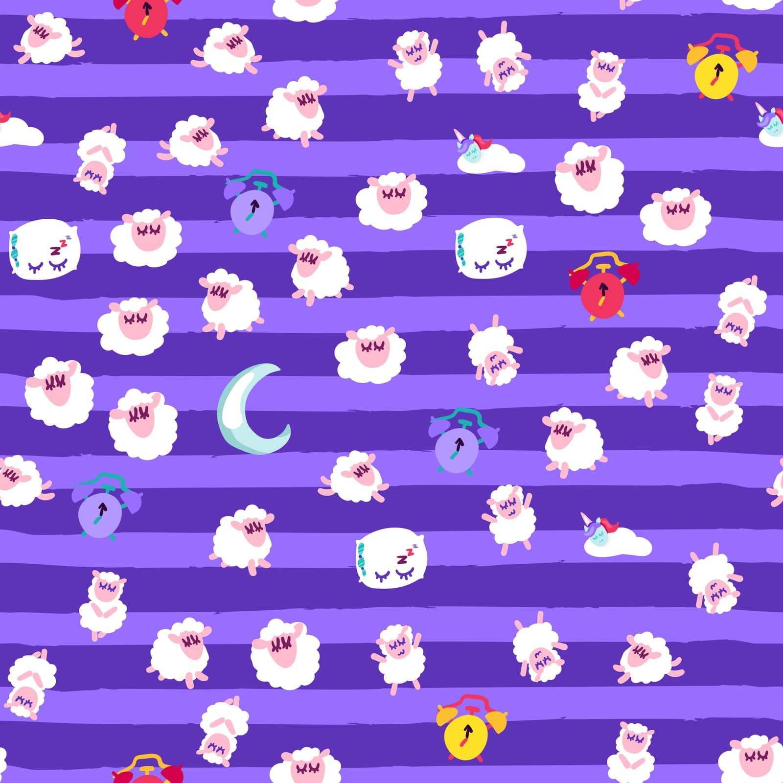 Night rest, bedtime vector seamless pattern. Wallpaper with cute sleeping animals cartoon design