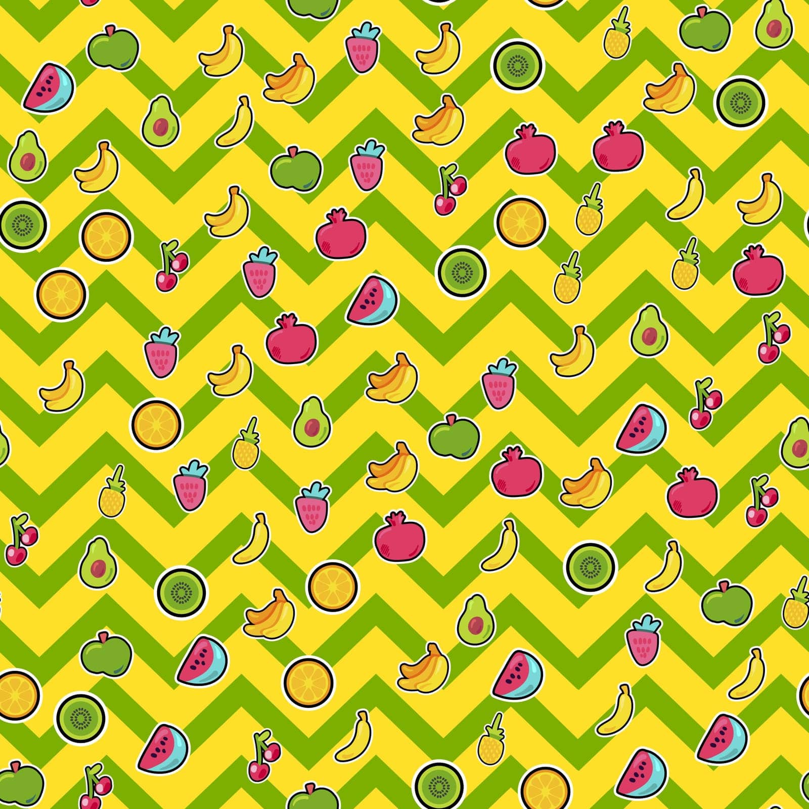 Summer fruits vector seamless pattern. Tropical fruits, sweet berries on bright zig zag background