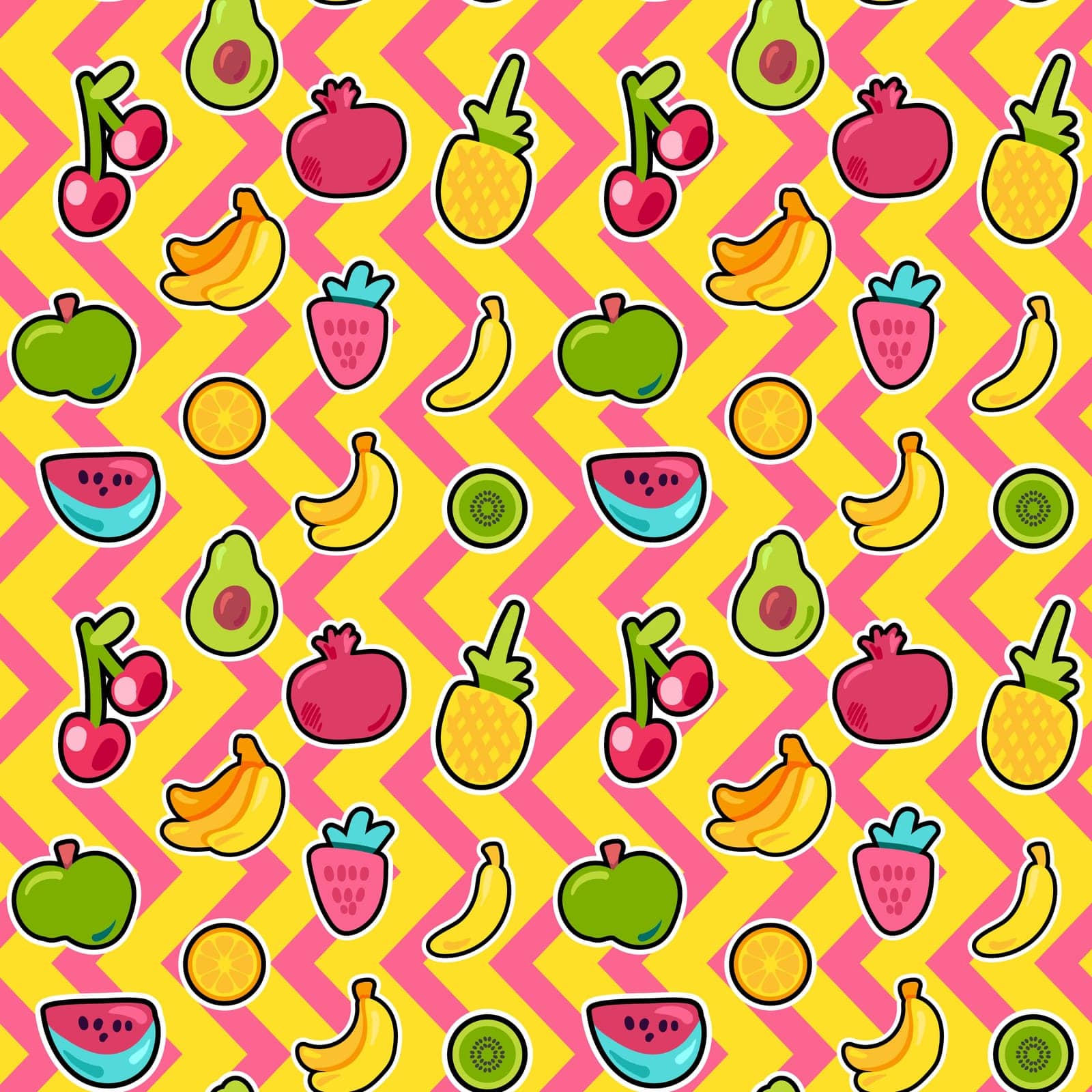 Tropical fruits, berries vector seamless pattern. Outlined exotic sliced fruits wallpaper design