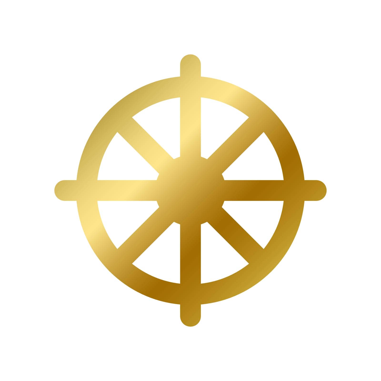 Dharma chakra symbol isolated. Buddhism religious golden sign outline on white background vector design illustration. Shiny gold wheel. Buddha, religion and belief concept