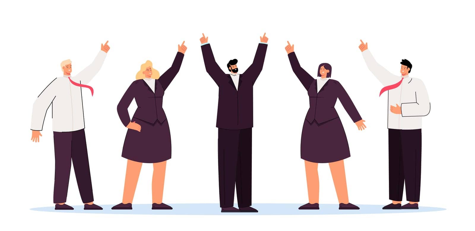Business team and executive showing upward direction. Flat vector illustration. Group of people in suits achieving goals together, pointing fingers up. Leadership, teamwork, success, job concept