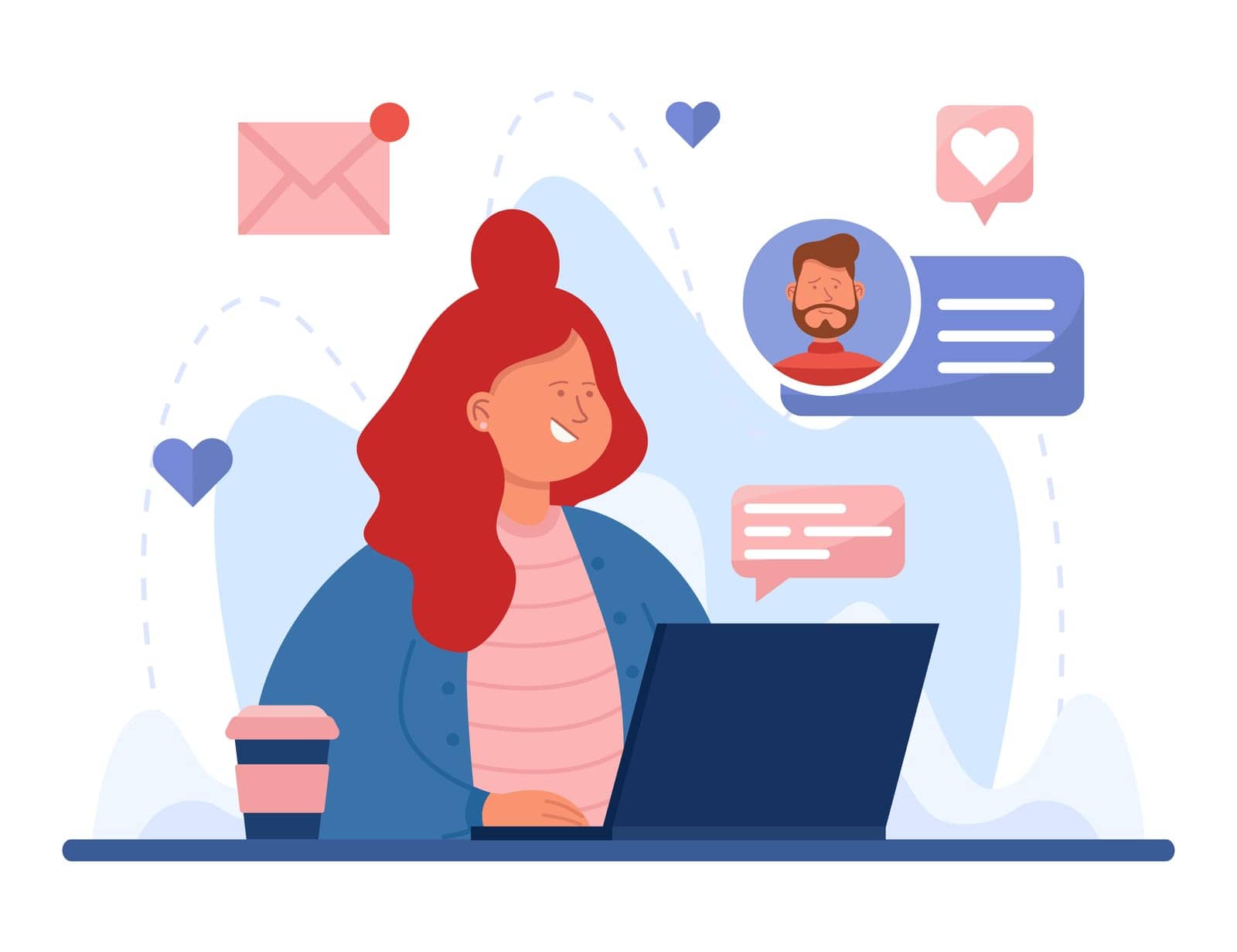 Cartoon girl searching for romantic partner using laptop. Woman sitting at computer and trying to find boyfriend online. Flat vector illustration. Social network, love, relationship, service concept