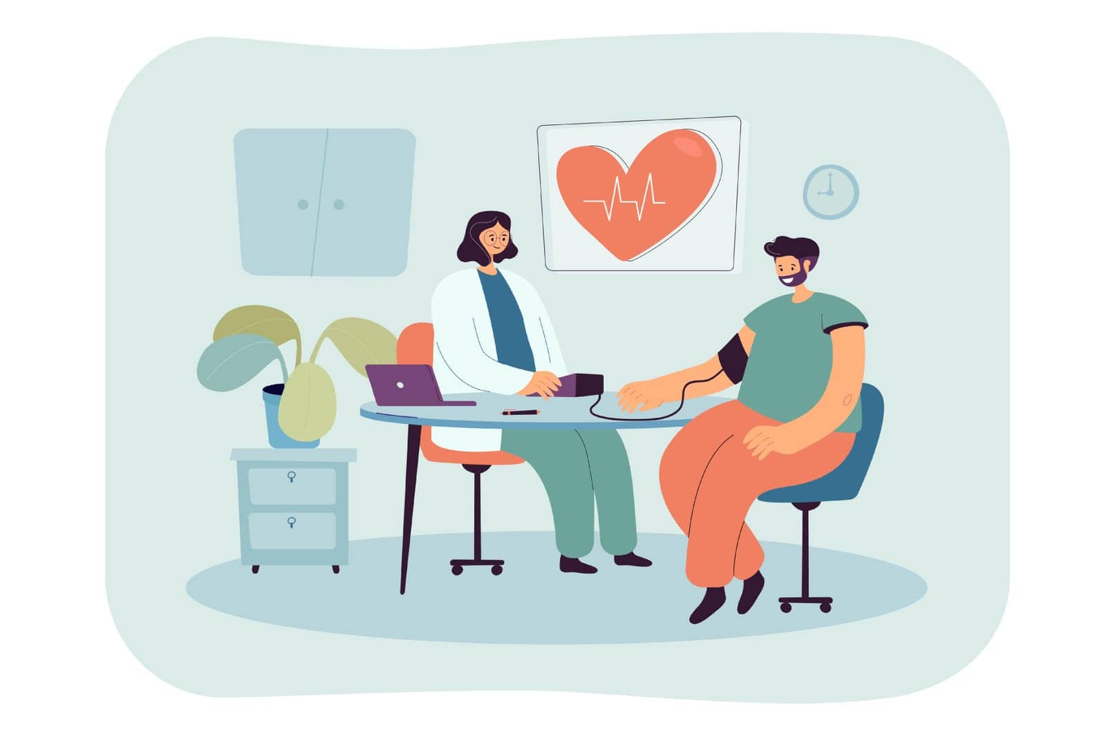 Physician measuring blood pressure of ill male patient in office. Sick man in medical room with doctor at hospital flat vector illustration. Cardiology clinic concept for banner, website design