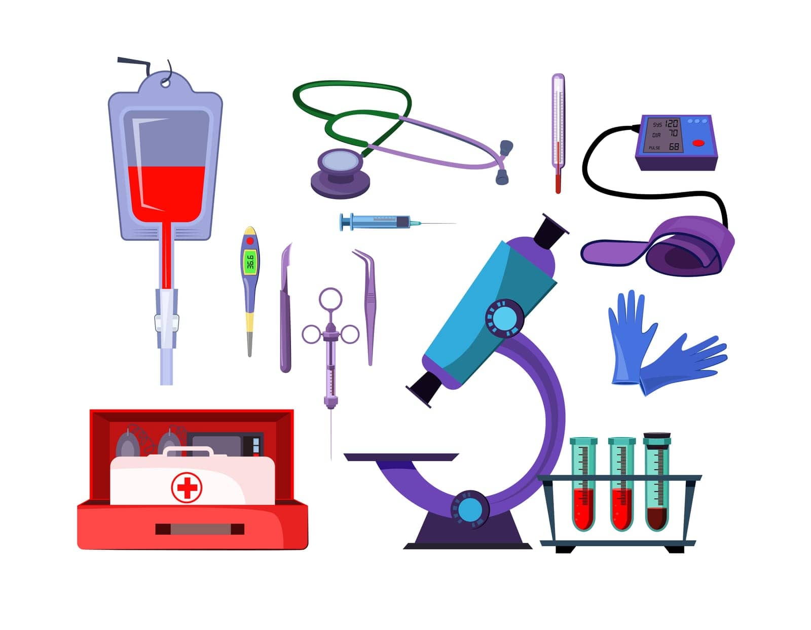 Medicine items illustration set. Microscope, thermometer, stethoscope. Medicine concept. Can be used for topics like laboratory, equipment, medical help