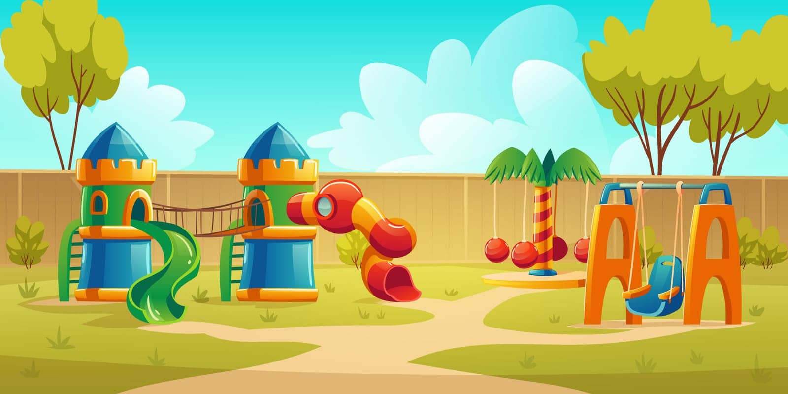 Kids playground in summer park, garden or backyard with carousel, spiral tube slide and swing. Vector cartoon illustration of kindergarten play ground, castle with slides on green lawn