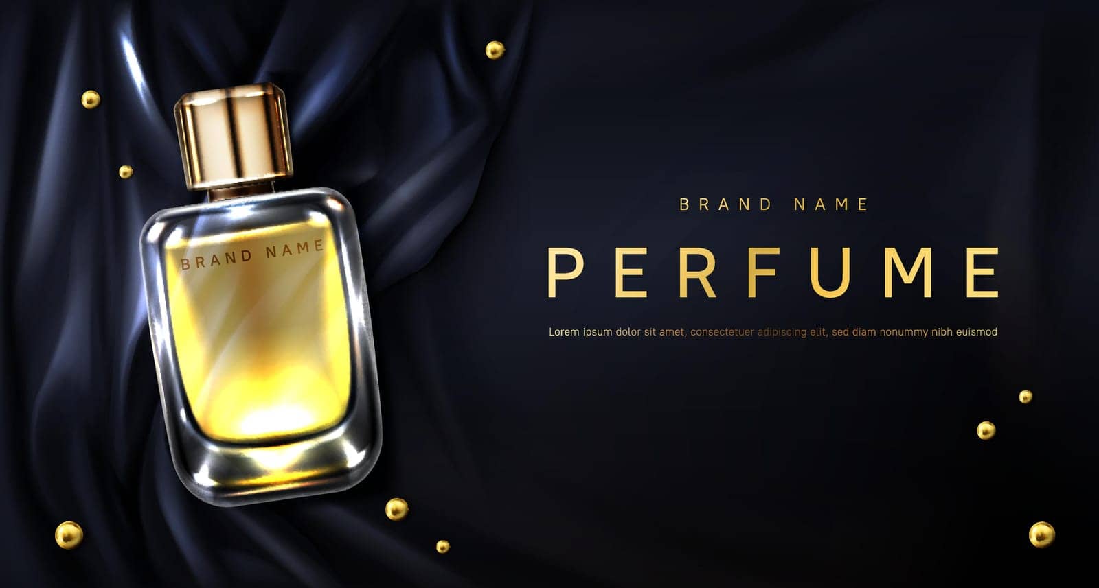 Perfume bottle on black silk folded fabric background. Glass flask with gold liquid and scattered pearls. Scent fragrance package design mockup, beauty cosmetic banner Realistic 3d vector illustration