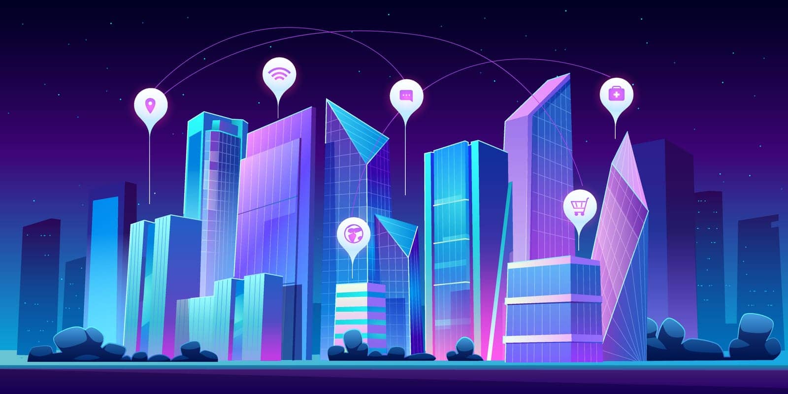 Smart city with wireless communication technology and Internet of things. Vector cartoon night cityscape with skyscrapers and infographic icons. Digital infrastructure in town