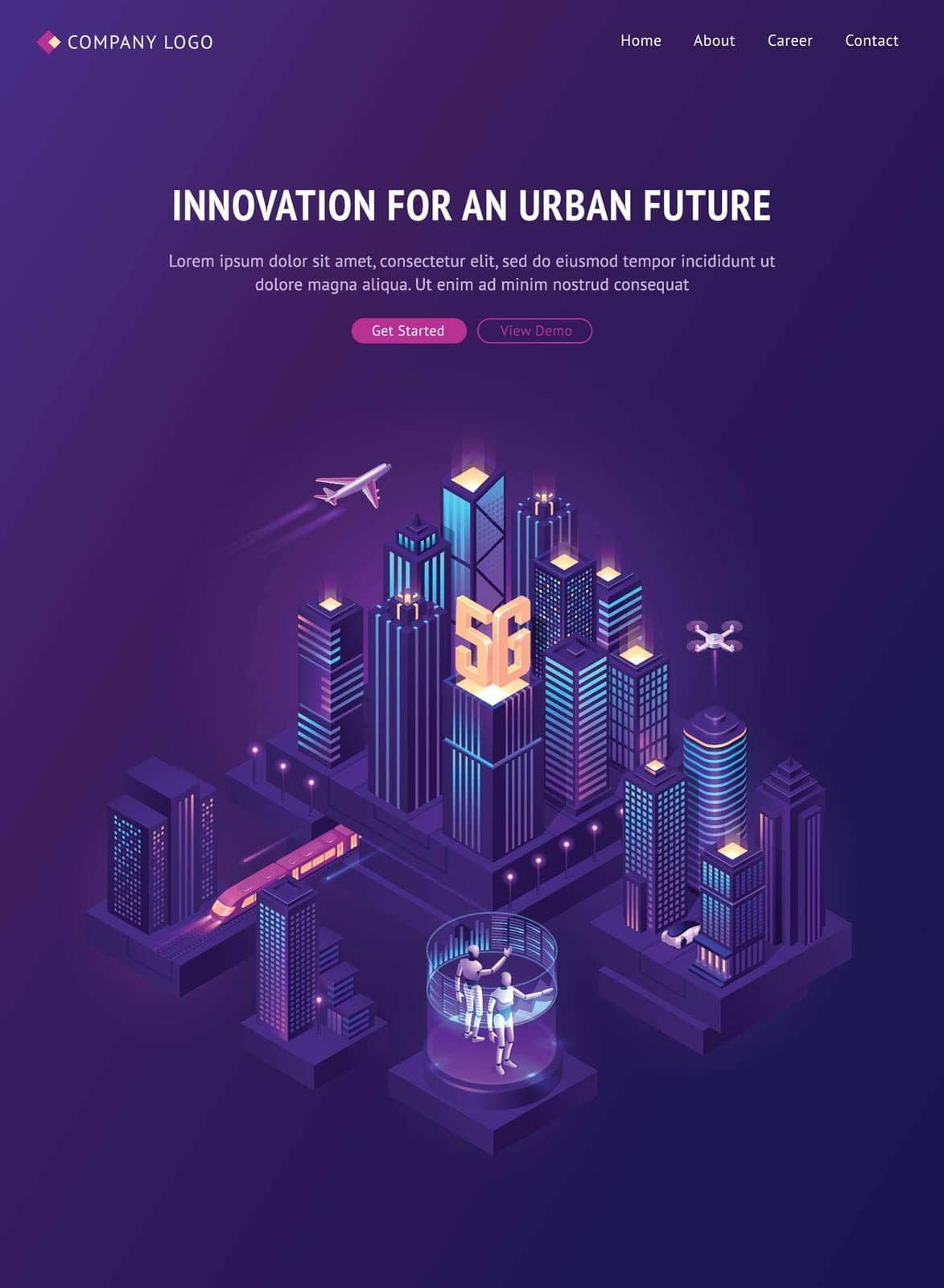 Innovation for urban future isometric landing page. Smart city island with train and airplane transportation, 5g technology and ai robots. Futuristic neon glow smartcity buildings 3d vector web banner