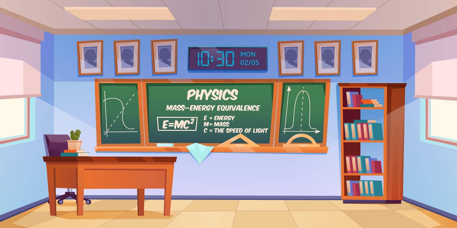 Classroom for physics learning with formula and graph on chalkboard. Vector cartoon illustration of empty school class interior with teacher desk, blackboard and bookcase