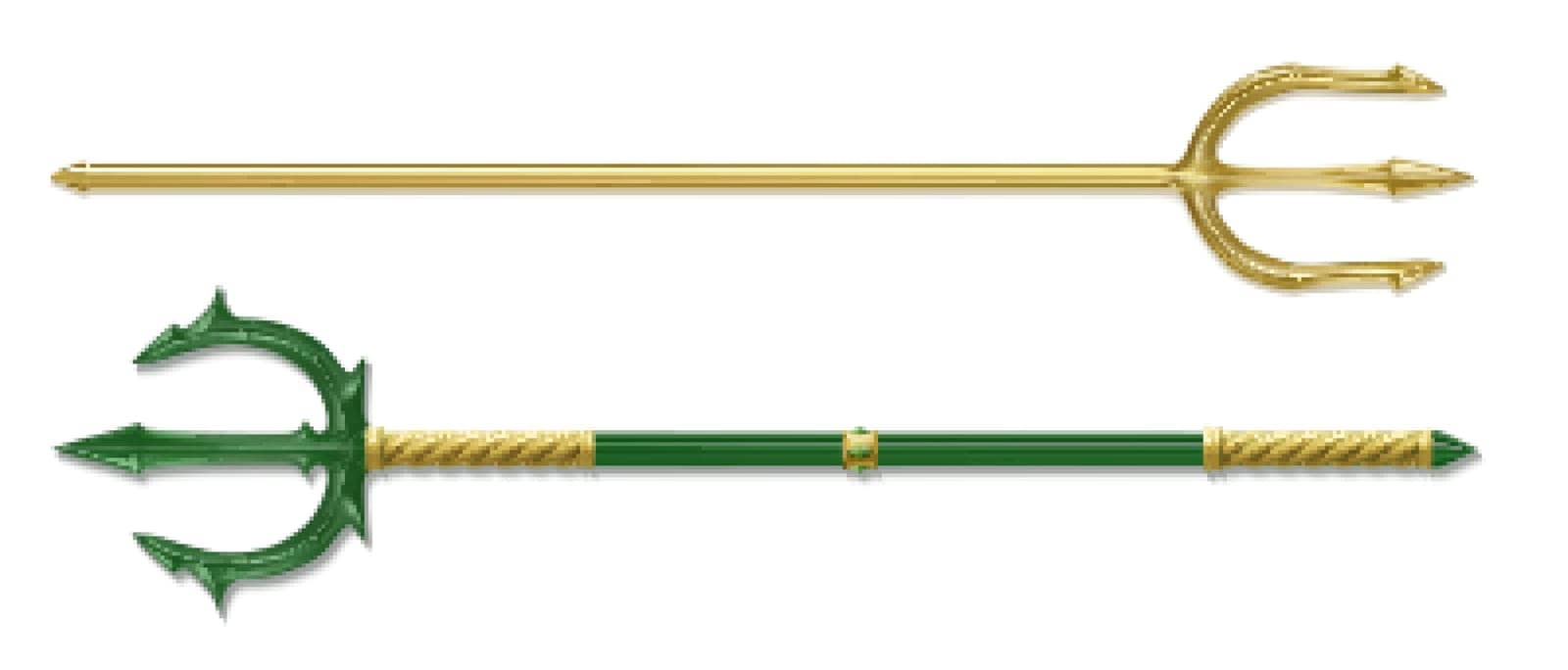 Poseidon tridents, marine God Neptune weapon, gold and green colored sharp pitchforks decorated with ornamental forgery and gems. Isolated forks on white background. Realistic 3d vector illustration