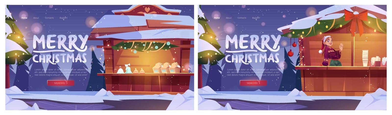 Christmas fair banners with market stalls, fir tree and snow on street. Vector landing page of traditional holiday marketplace with cartoon illustration of winter landscape with kiosks and girl vendor