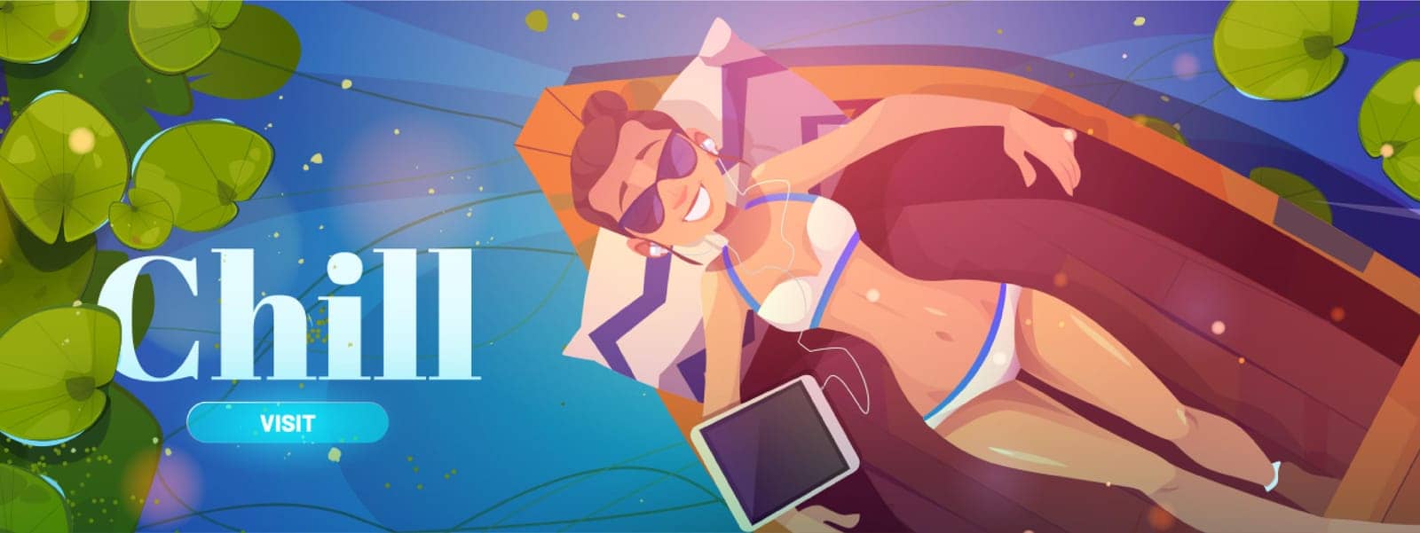 Chill cartoon web banner young woman relax on boat by upklyak