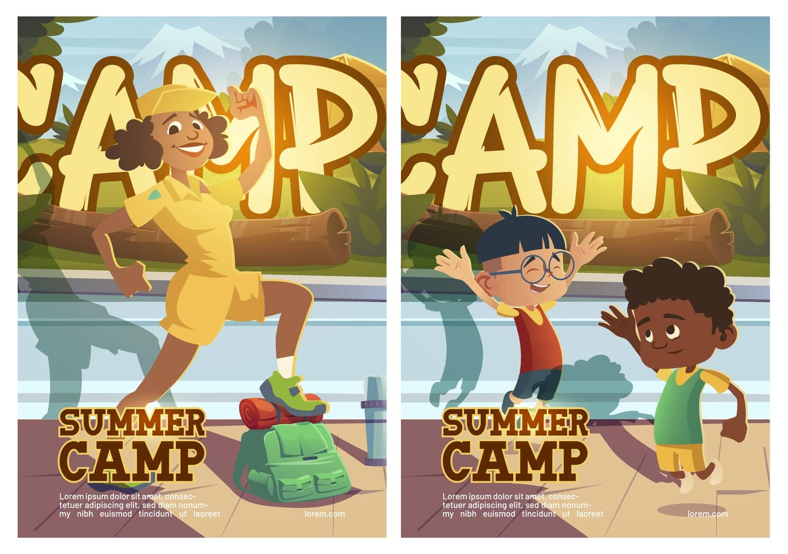 Kids summer camp cartoon posters, children with map and magnifier and cheerful boyscout counselor in forest camping. Summertime hike, touristic recreation, vacation, hiking activity, Vector web banner