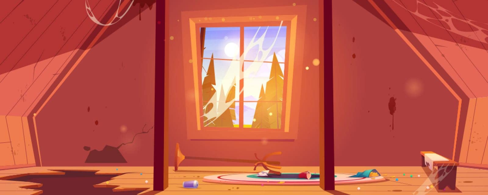 Old attic in abandoned house with mountains and trees behind window. Vector cartoon interior of garret room with broken wooden floor, clutter and spiderweb. Empty messy mansard