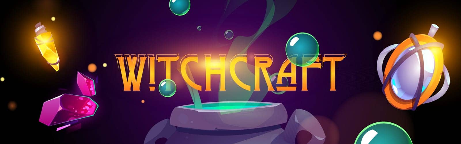 Witchcraft cartoon banner with magician witch cauldron, bubbles, crystal and amulets. Background for computer game, Halloween party, wizard, alchemy magic school education concept, Vector illustration