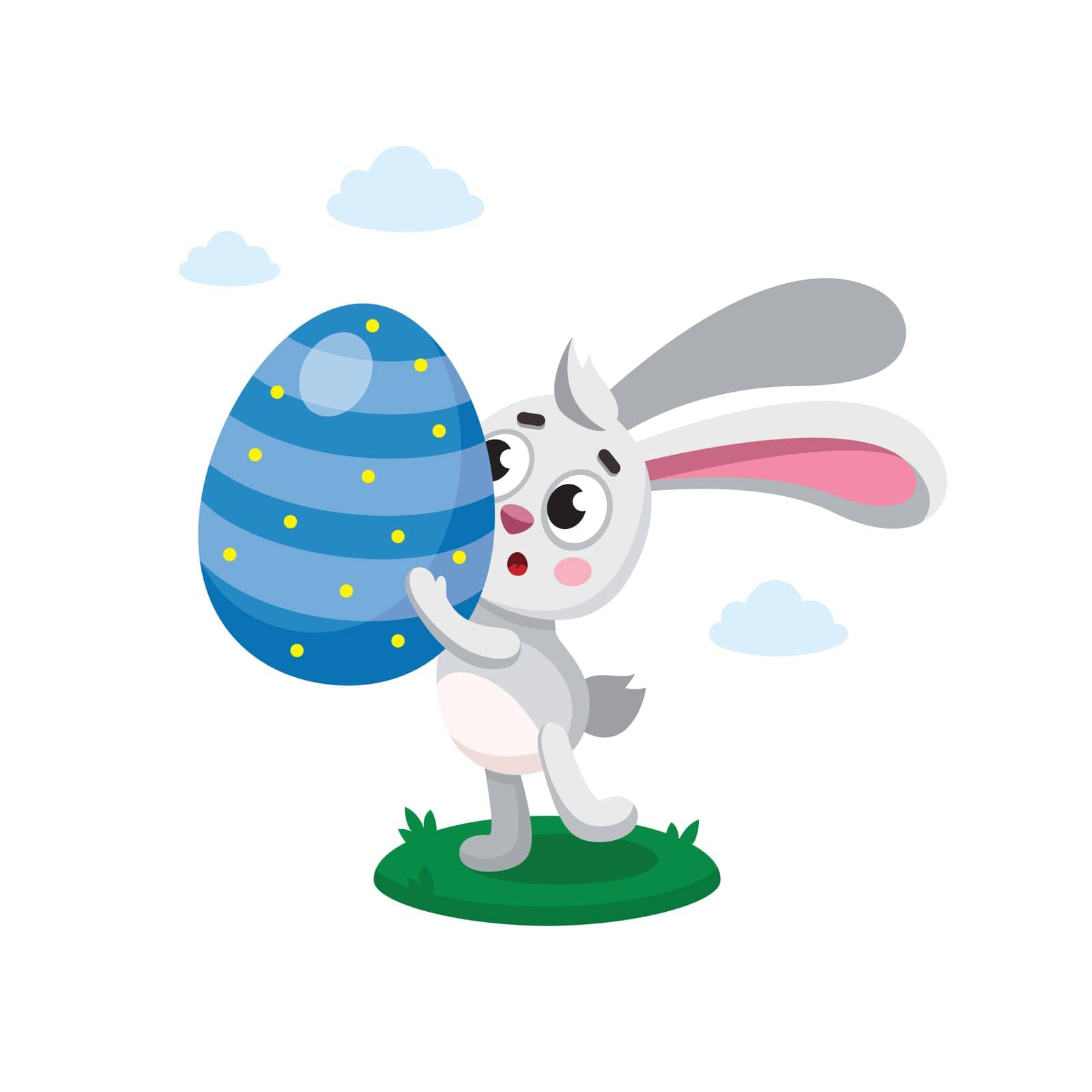 Vector flat digital character easter bunny, rabbit carry heavy painted egg. Egg hunt character illustration