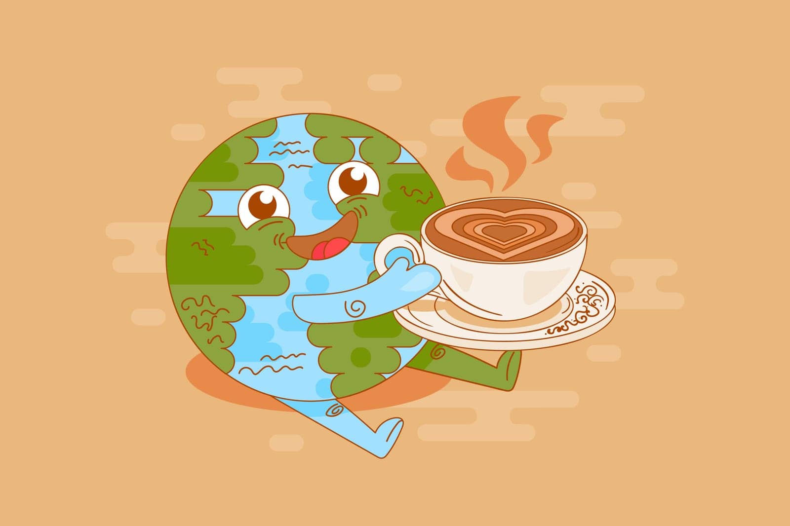 Planet earth coffee break time enjoyment vector. Funny smiling globe holding cup with delicious cappuccino or latte. Character drink aromatic energy beverage flat cartoon illustration