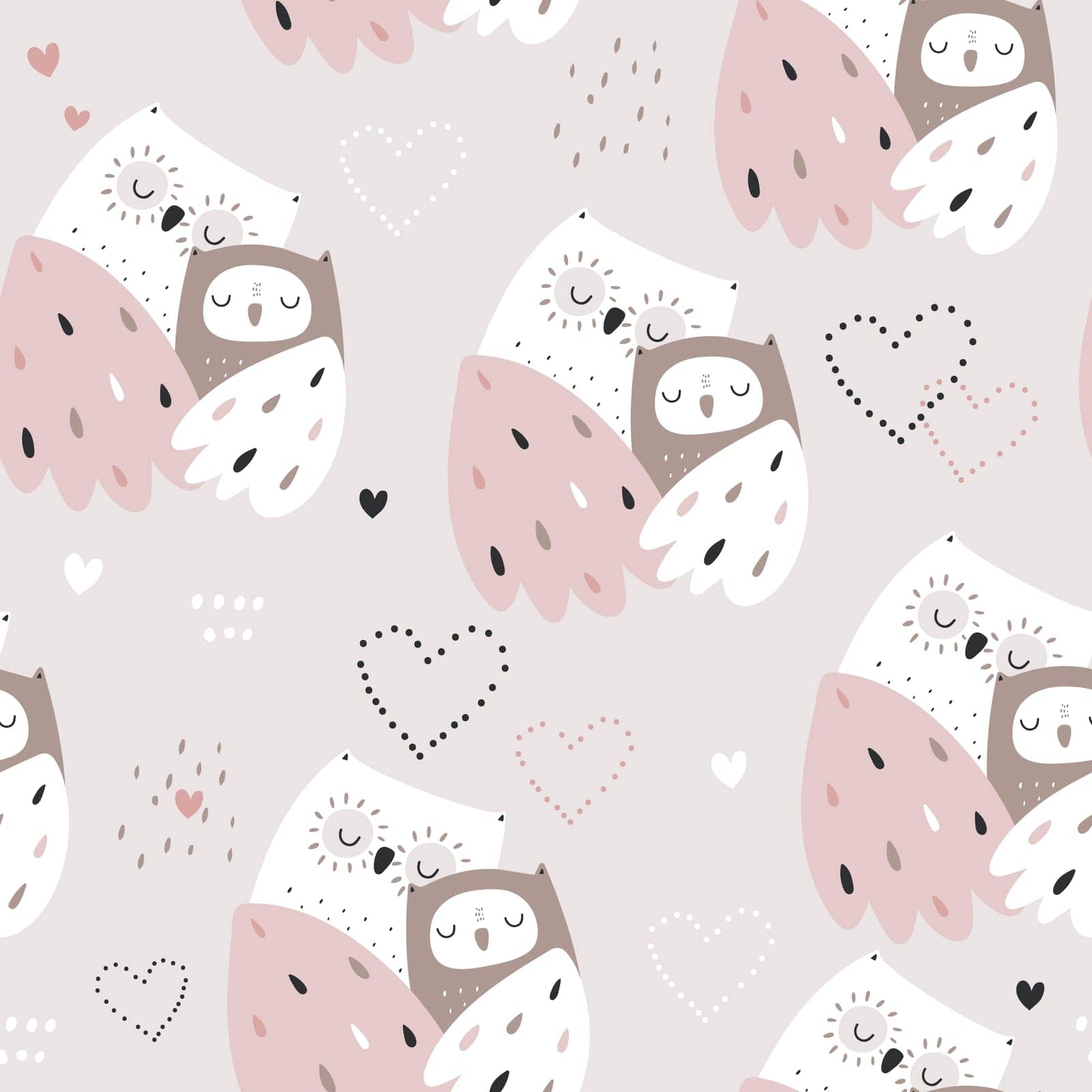 Seamless pattern with cute mom and baby owls. Childish owl birds pink background. Ideal for fabrics, textiles, apparel, wallpaper. by solmariart