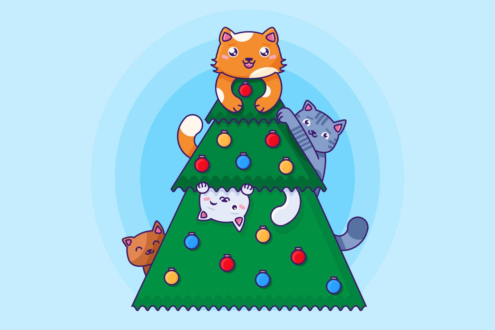 Christmas tree with cats and decoration vector. Domestic cute and funny fluffy animal kitty playing with ball and garland on xmas celebration fir-tree. New year flat cartoon illustration