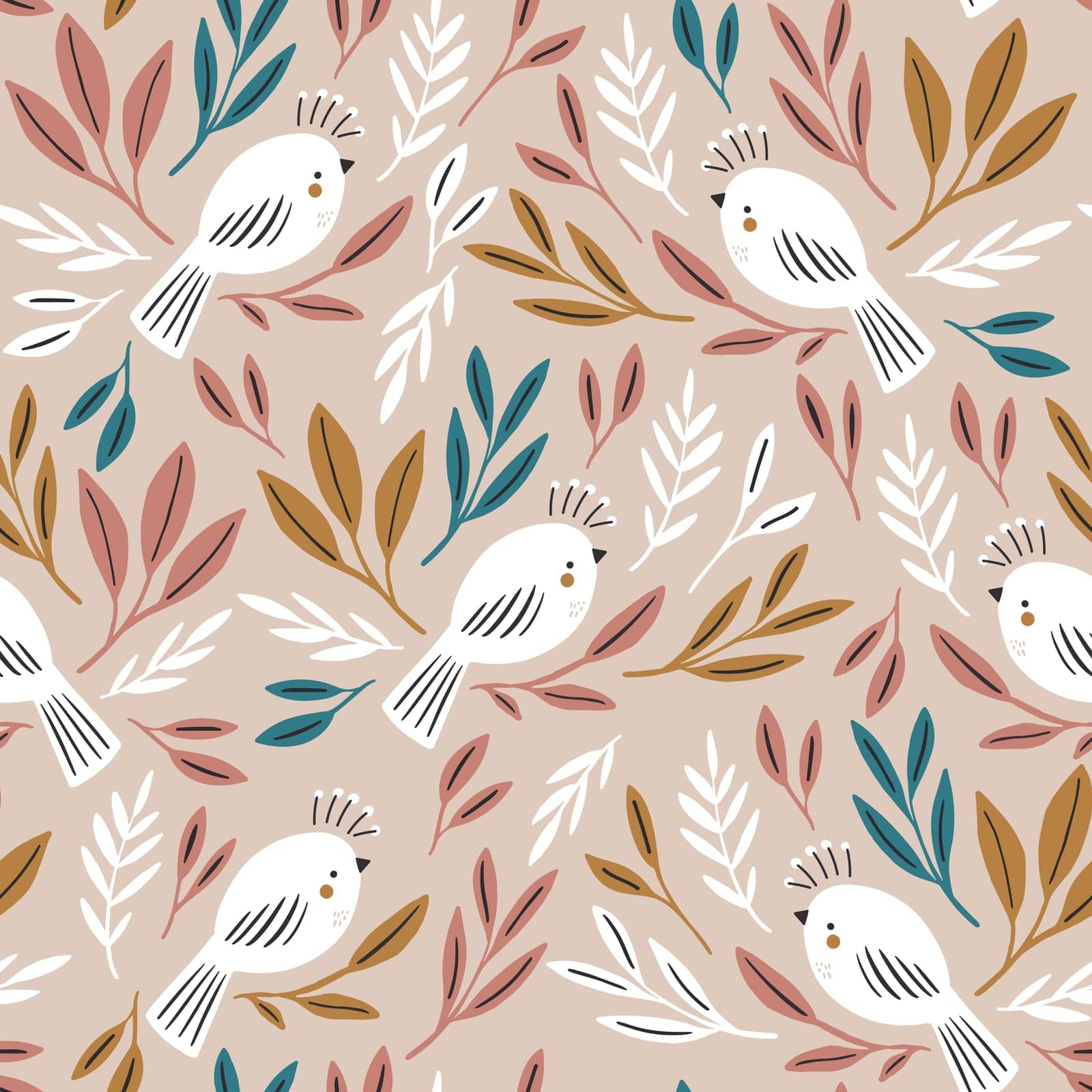 Seamless botanical pattern with white birds and delicate  colorful leaves. Minimalistic bird texture for fabric, textile, wallpaper. Vector illustration by solmariart