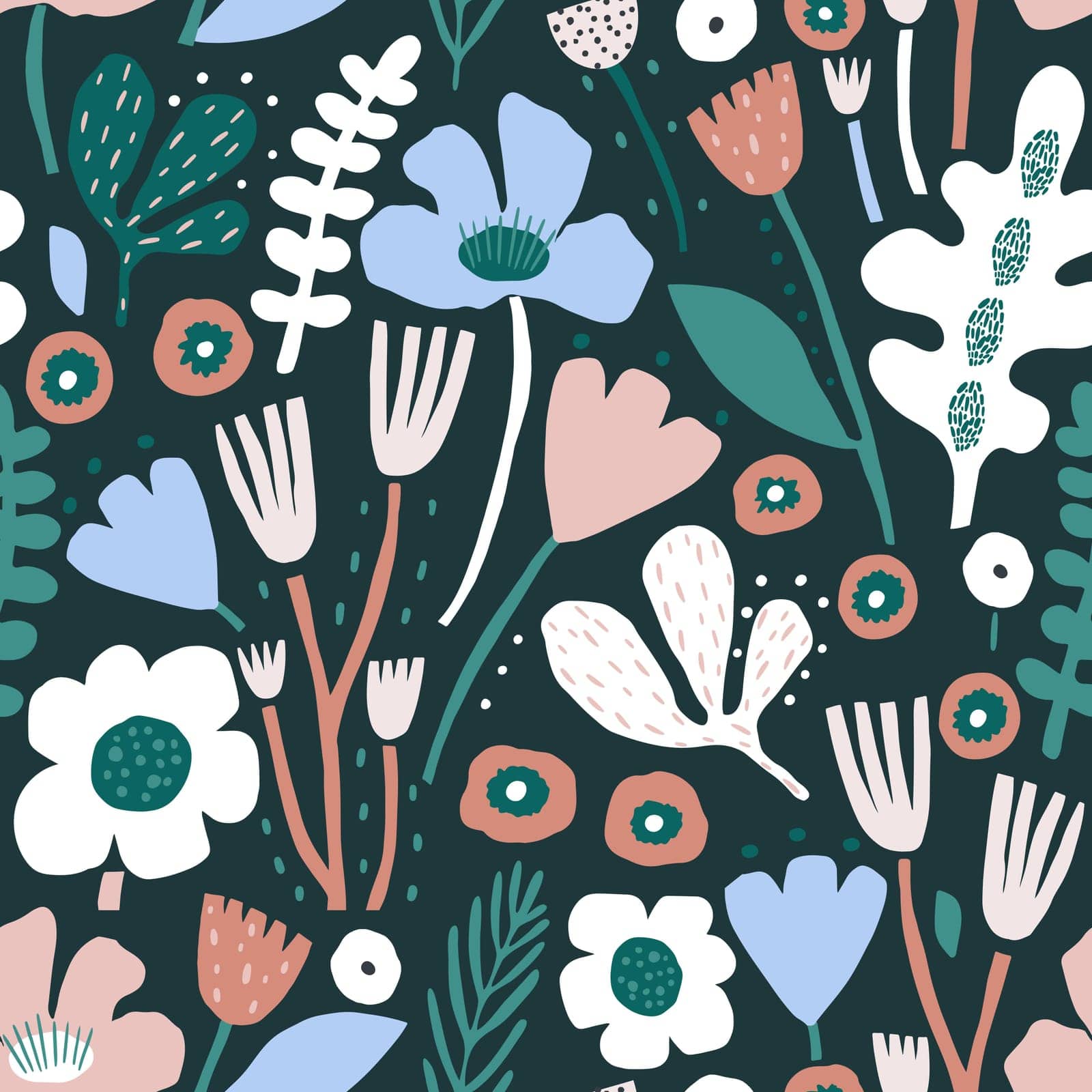 Seamless floral  pattern with leaves and cutout flowers. Jungle summer background. Perfect for fabric design, wallpaper, apparel. Vector illustration by solmariart