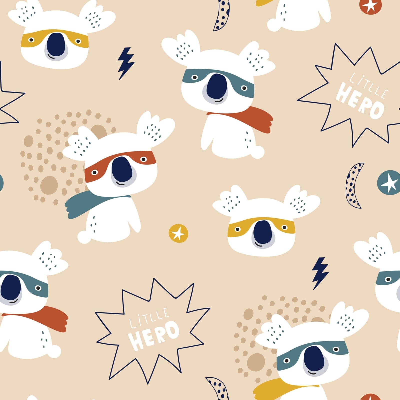 Seamless pattern with cute koala super hero. Creative childish texture in scandinavian style. Great for fabric, textile Vector Illustration