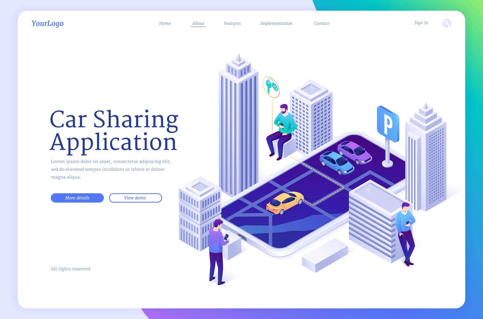 Car sharing application isometric landing page by upklyak