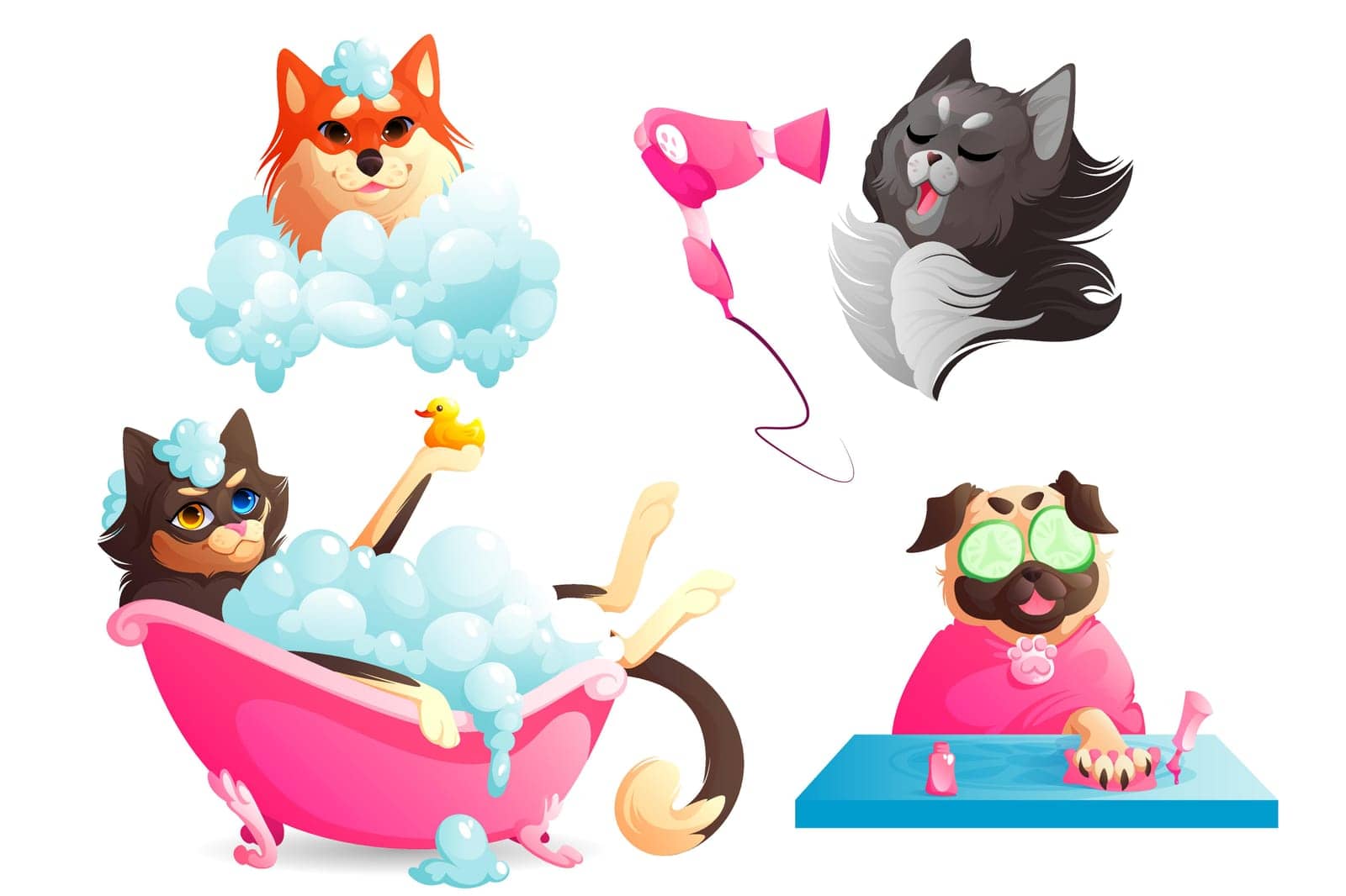 Dogs spa and grooming service, funny puppies set by upklyak