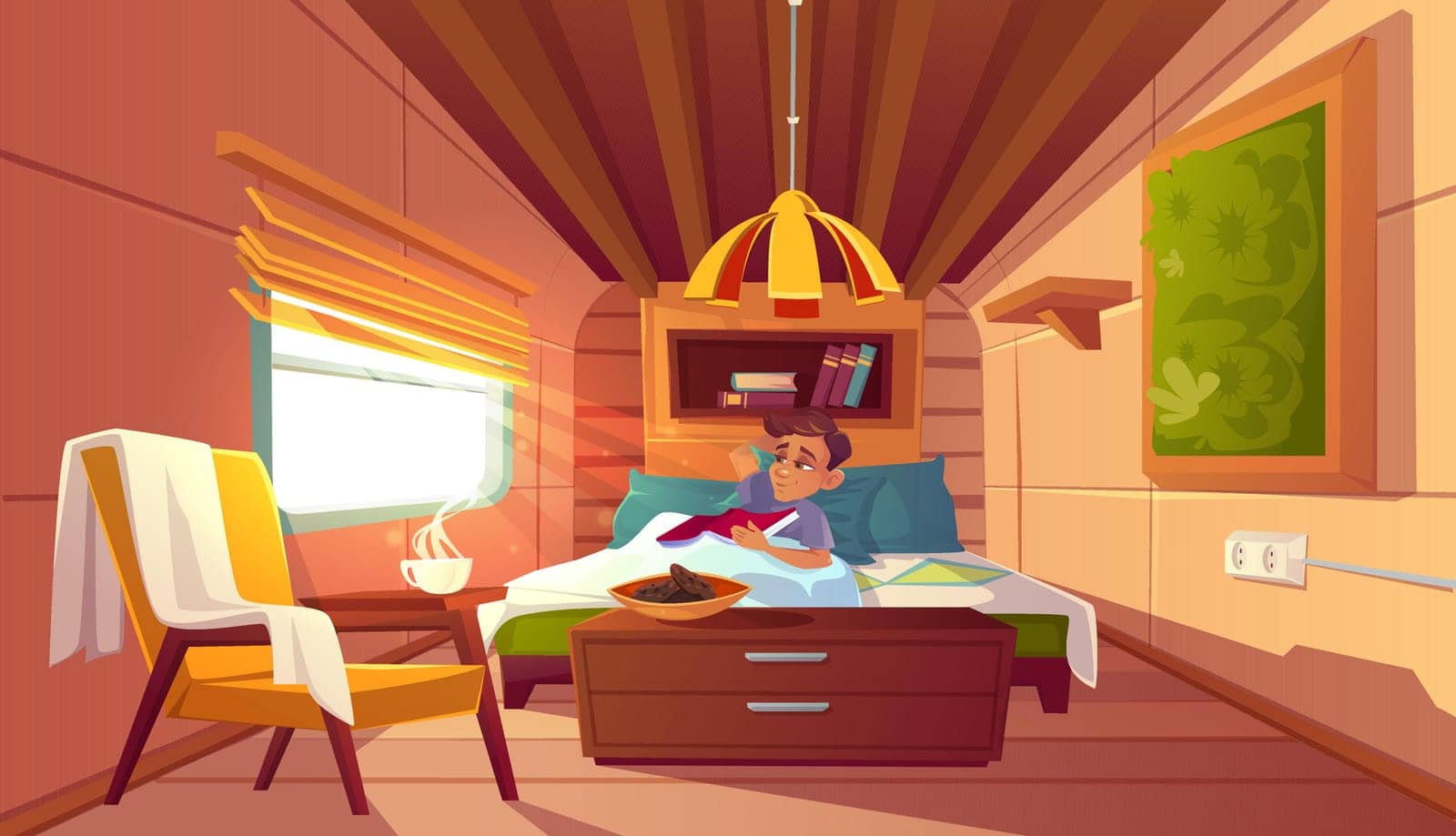 Man lying in bed in camper at morning. Vector cartoon illustration of cozy interior of bedroom in trailer car with happy character, books, armchair, coffee and cookies on nightstand